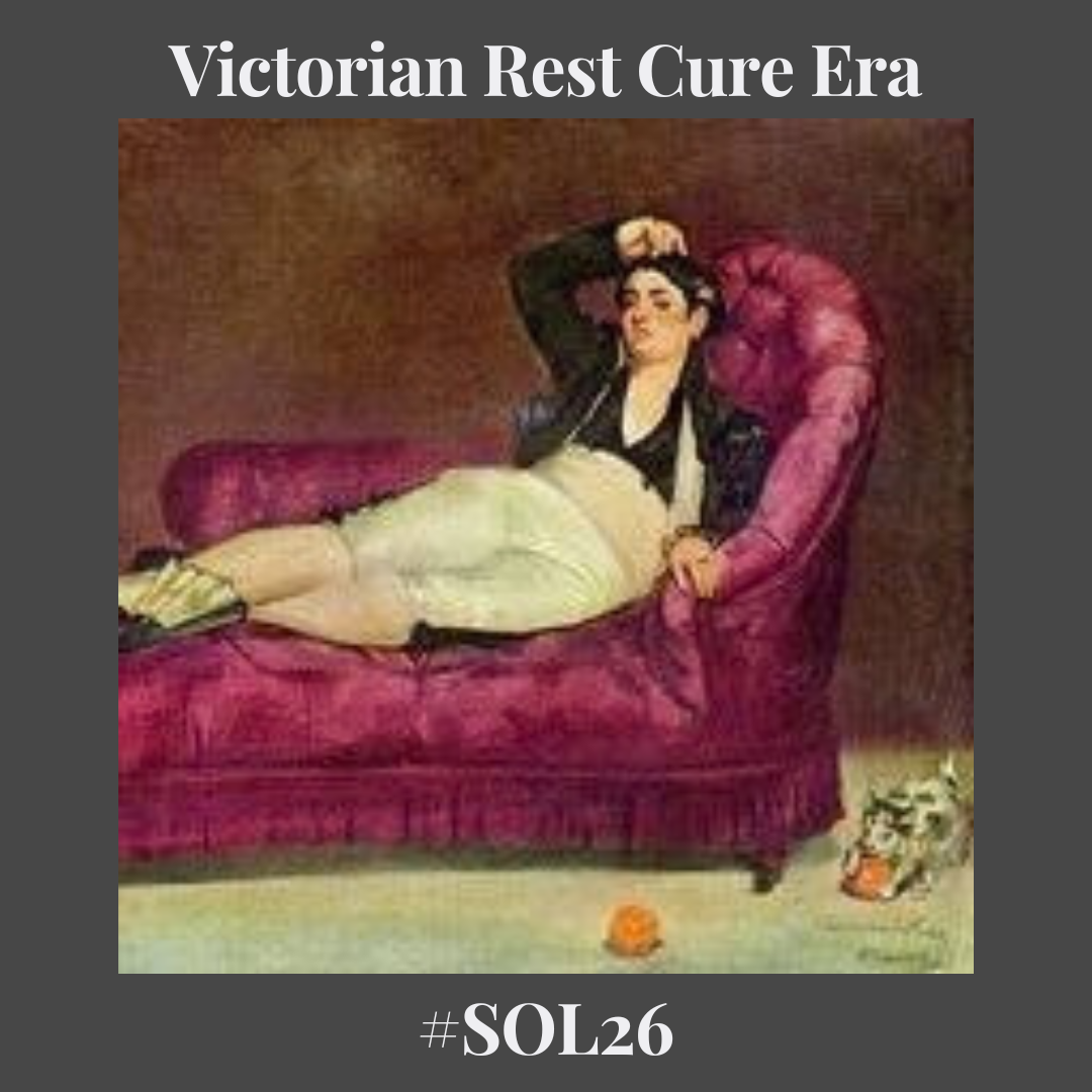 Cinder An image set against a dark grey background with white serif text at the top reading "Victorian Rest Cure Era". Below the header is a classical painting of a figure reclining in a dramatic pose across an ornate, tufted magenta or deep purple fainting couch. The figure rests one hand behind their head while wearing dark jacket, light-colored trousers, and slippers. At the bottom center of the frame, the hashtag "#SOL26" is printed in white serif font.